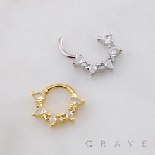 FAN OF FIVE PEAR-CUT (TEARDROP) AND FOUR ROUND CZ 316L SURGICAL STEEL SEPTUM HINGED SEGMENT RING